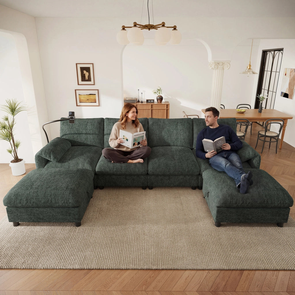 Divano angolare modulare 6 posti con due pouf contenitore e ricarica USB Type-C e portatelefono in chenille verde