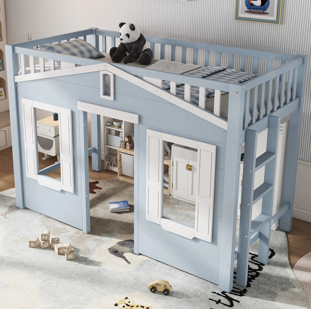 Letto a soppalco per bambini 90x200 cm bianco e blu con scala reversibile