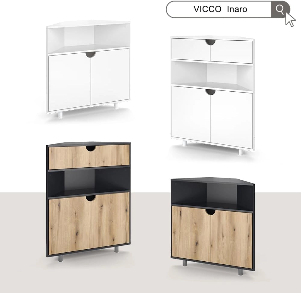 Credenza Inaro, Bianco, 79 x 96 cm con 4 scomparti, adatto per essere riposto in modo salvaspazio negli angoli della stanza