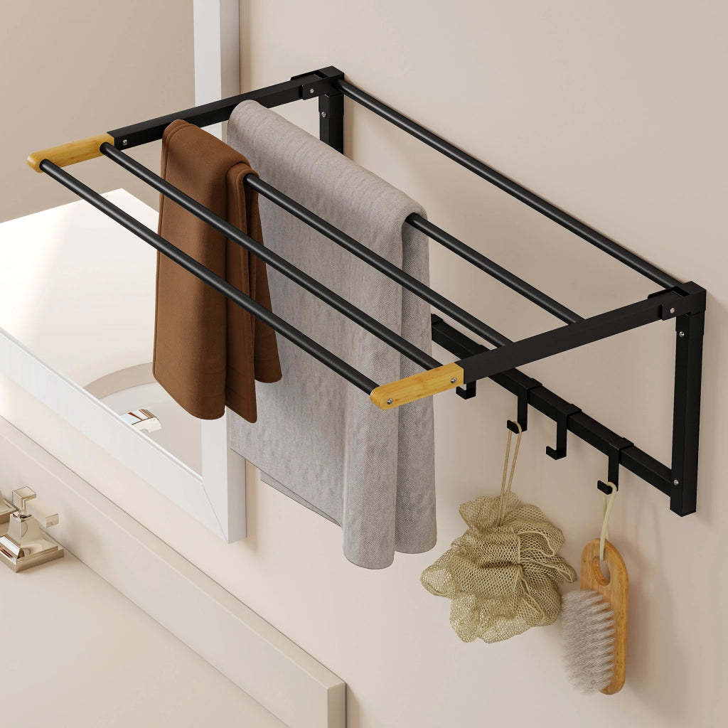 Portasciugamani da Parete Pieghevole con 5 Barre e 6 Ganci ¨C Zephmum ¨C Nero 60 cm
