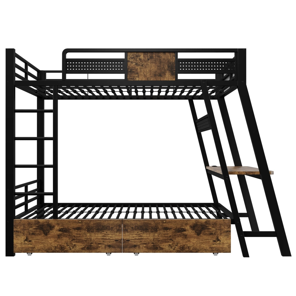 Letto a castello 90x200 cm con scrivania; LED e vani portaoggetti in metallo nero