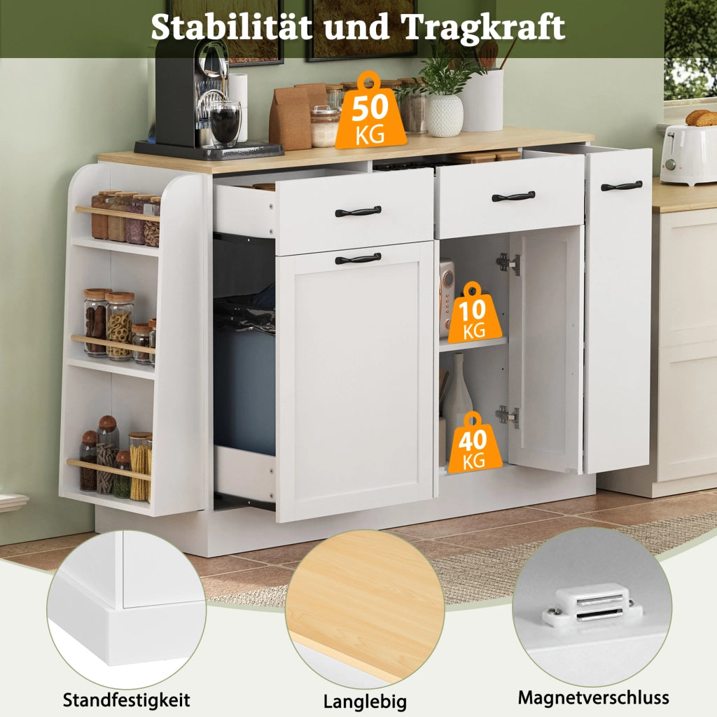 Credenza con ripiani aperti e vano rifiuti; per cucina e sala da pranzo; in MDF; bianco