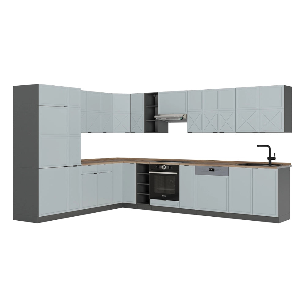 Cucina angolare completa Fame-Line Blu-grigio chiaro/Antracite 347 x 60 cm, PL Rovere Vicco