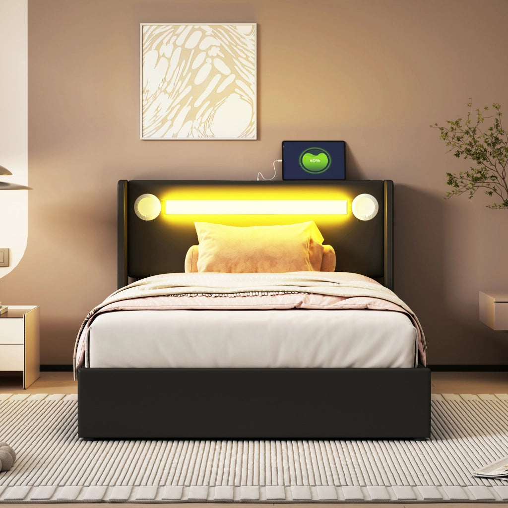 Letto imbottito 90x200 con LED, Bluetooth e ampio contenitore
