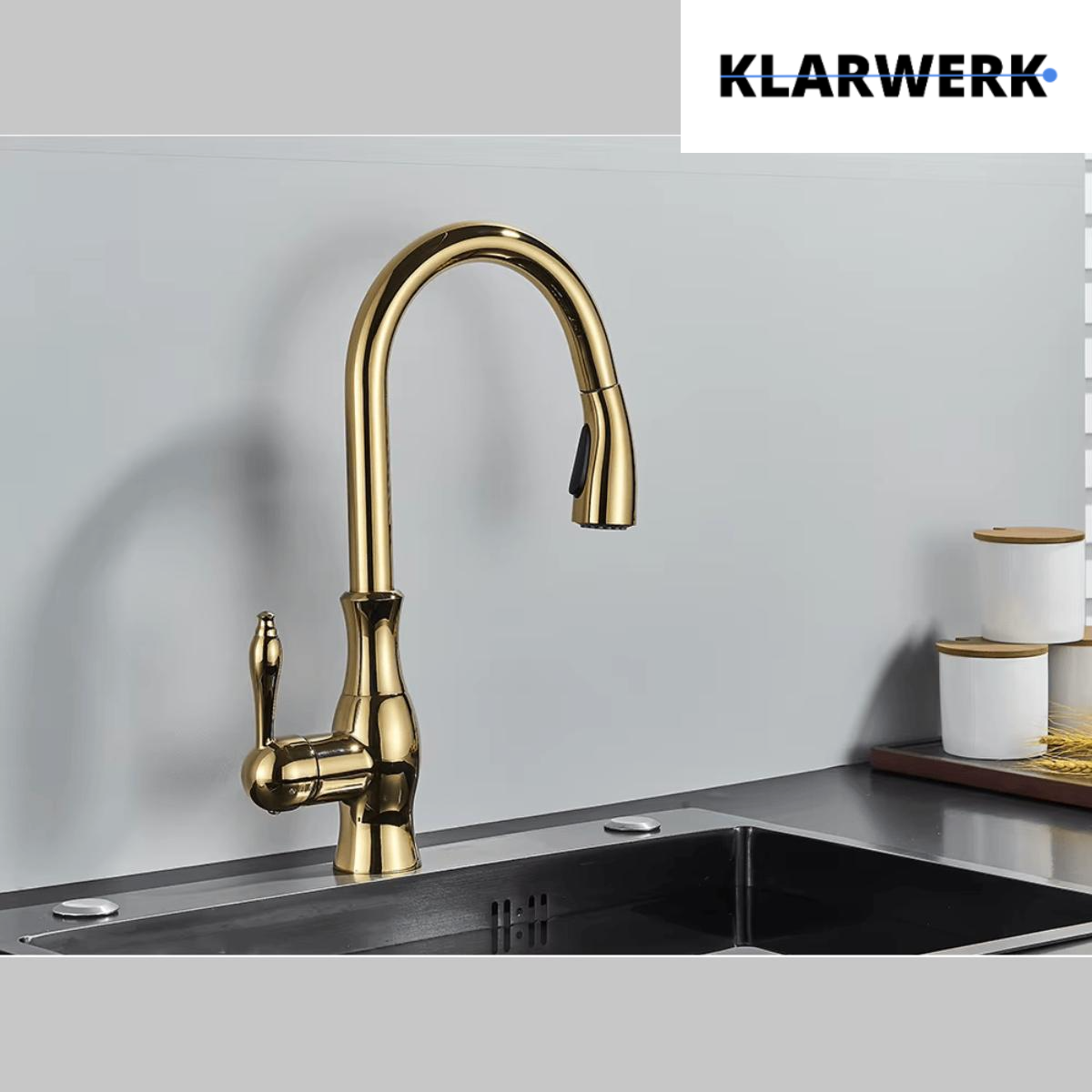 NAVIS | Elegante rubinetto cucina estraibile in acciaio inox dorato, arco alto, miscelatore di lusso, alta pressione, 360°, 2 attacchi