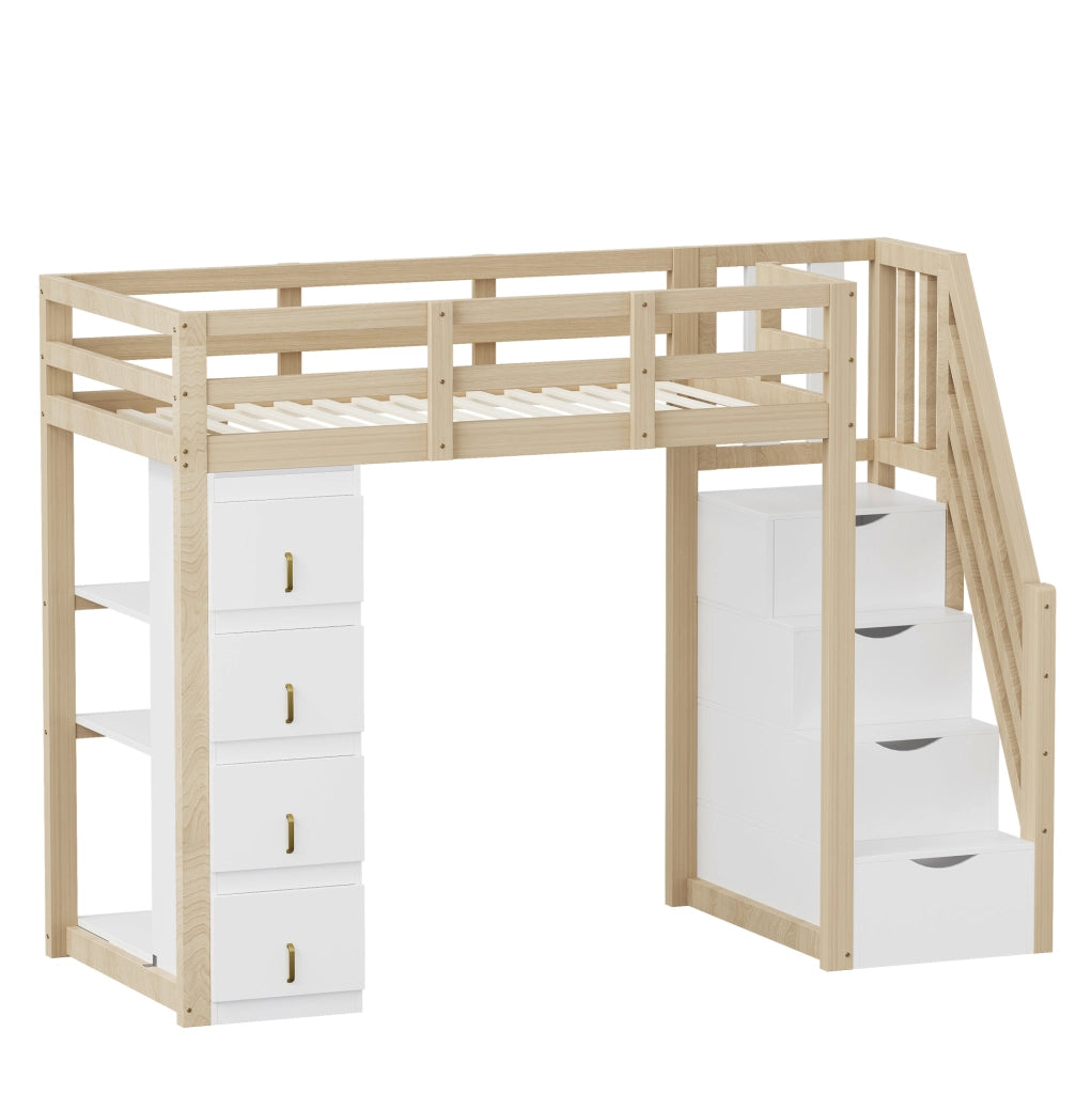 Letto a soppalco 90x200 cm in legno massello con cassetti contenitori e scala di sicurezza