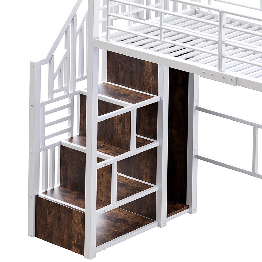 Letto a Soppalco Singolo con LED; Scala Contenitore; Scrivania; Armadio e Scaffali 90×200 cm; senza Materasso