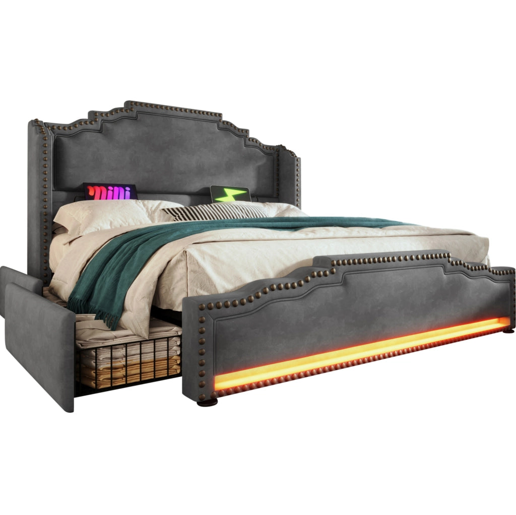 Letto matrimoniale 180x200 cm con 4 cassetti; LED; USB e Type-C; velluto grigio