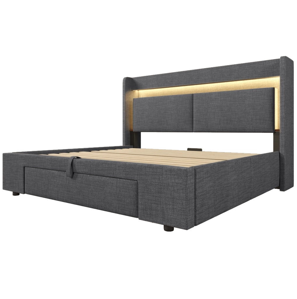 Letto imbottito 140x200 cm con contenitore idraulico; LED; USB e Type-C; grigio