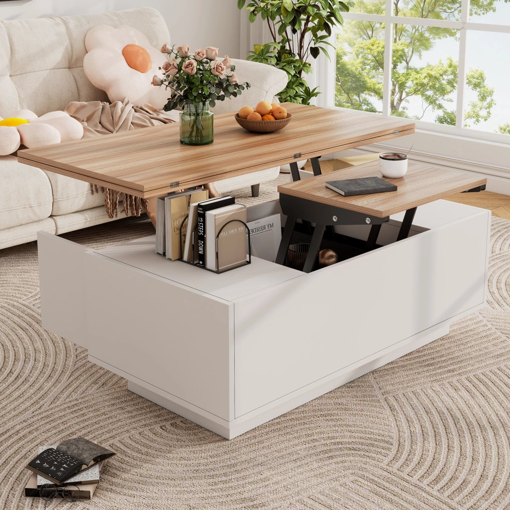 TAVOLO DA CAFFÈ Sollevabile 100x50x55,5 cm Bianco e Legno con 2 ante