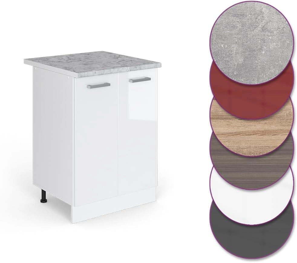 Mobiletto base cucina R-Line, Bianco lucido, 60 cm, PL Marmo, per la libera combinazione all'interno di sistemi cucina modulari