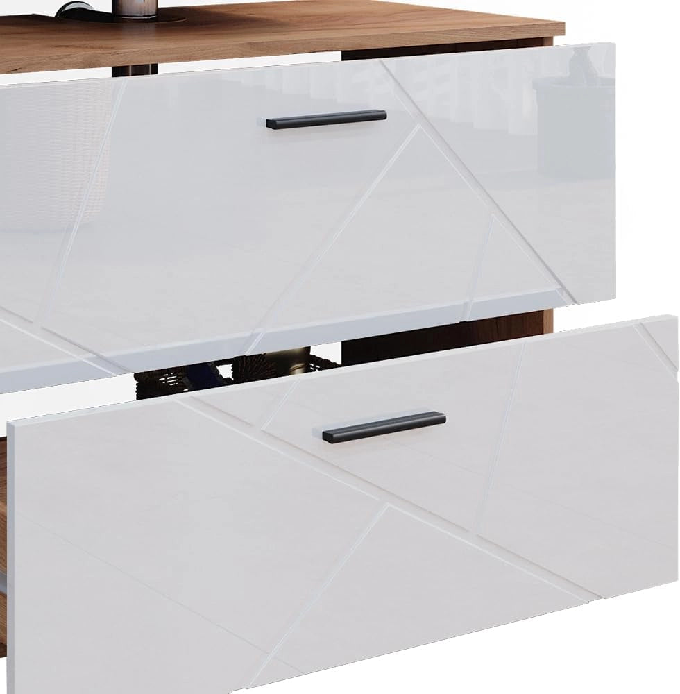 Set di mobili da bagno Irma, Bianco lucido/oro power oak, 80 cm, composto da mobile sottolavabo, specchiera e colonna alta