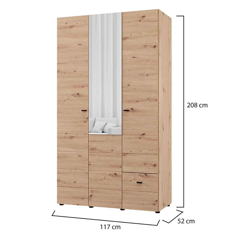 Armadio Camera da Letto Serram, Guardaroba 3 Ante Appendiabiti, 117x52 cm Marrone Rovere Nodi