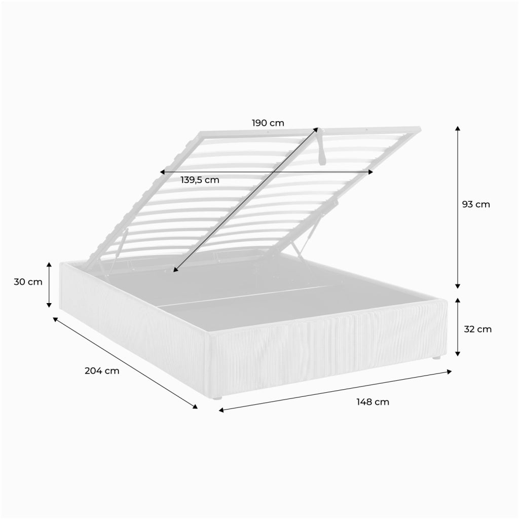 Struttura letto con contenitore e rete a doghe 140x190cm, imbottita