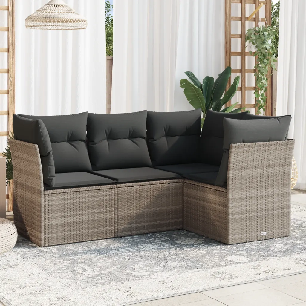 Set Divano da Giardino 4pz | Set Salotto da Giardino con Cuscini Grigio Chiaro Polyrattan