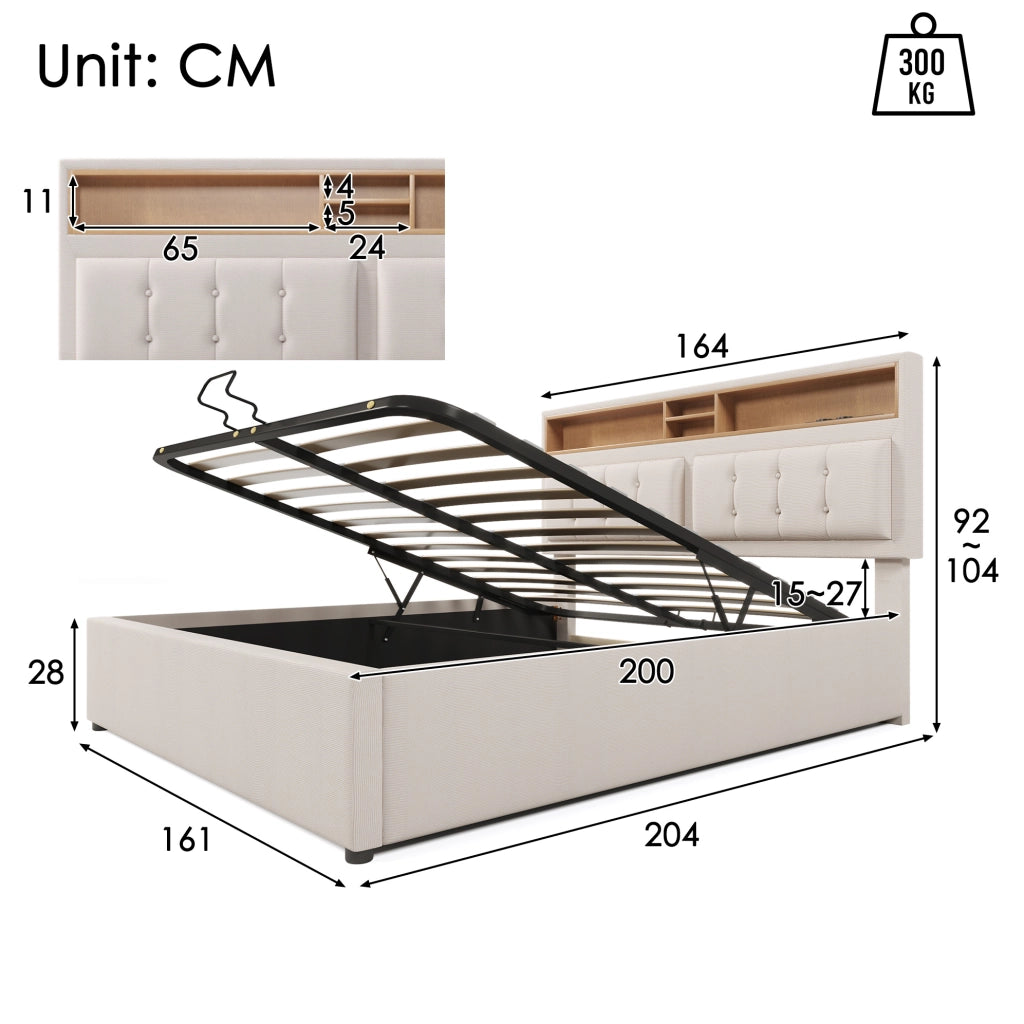 Letto matrimoniale imbottito 160x200 cm in lino beige con testiera regolabile; USB e Type-C; contenitore