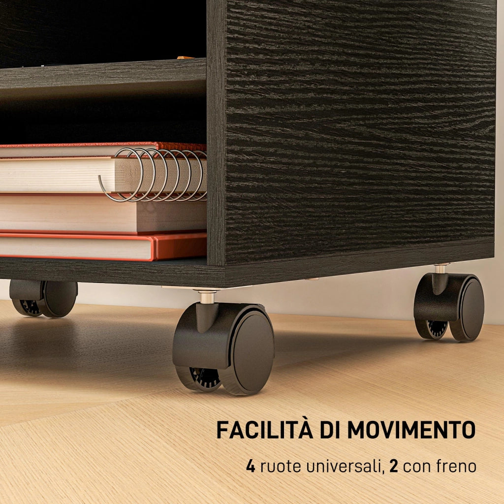 Mobile Porta Stampante a 2 Ripiani in Legno con Ruote per Ufficio e Studio, 47x40x22.5cm, Nero