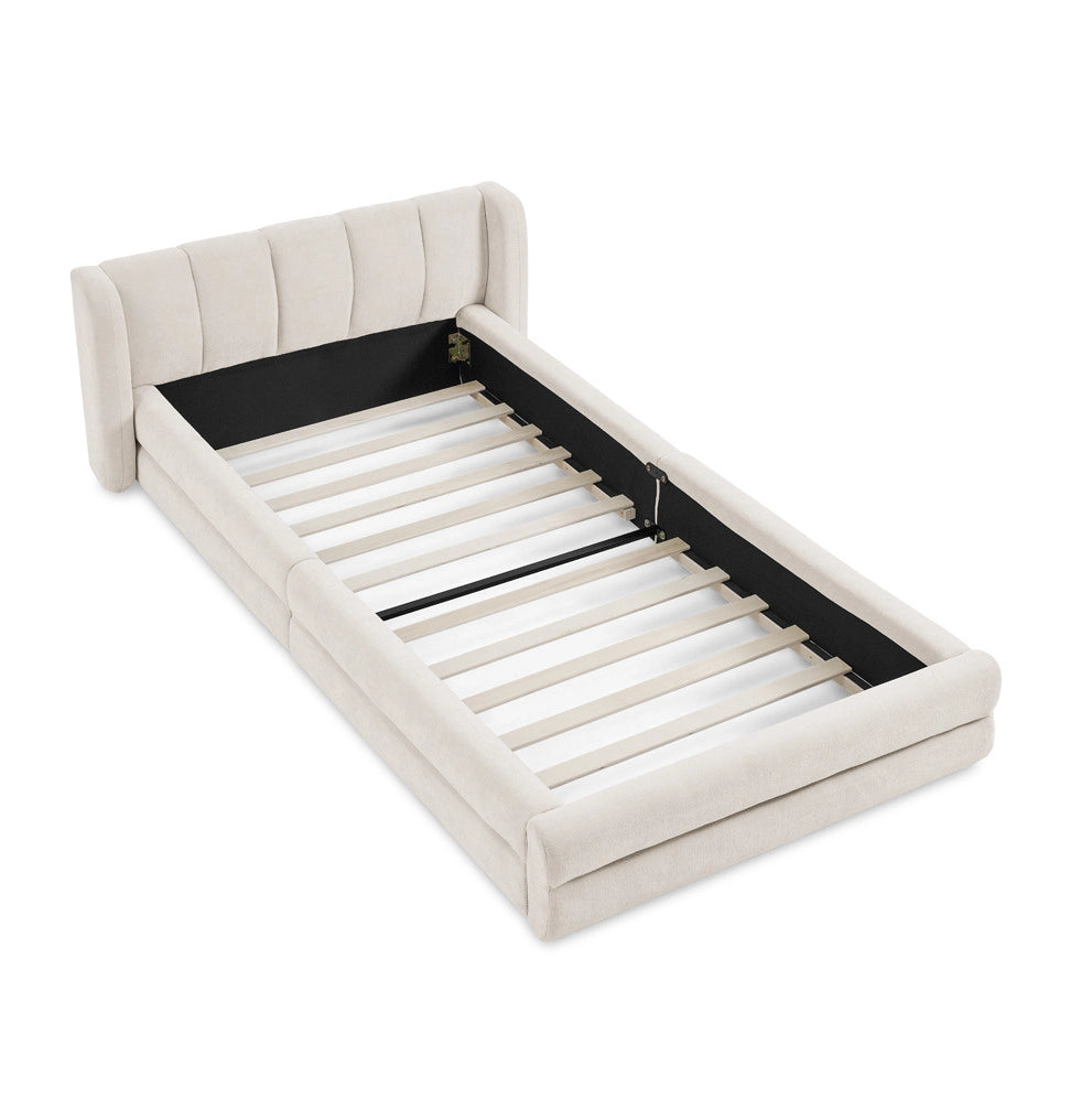 Letto 90x200 cm con testiera ergonomica e struttura stabile in chenille beige