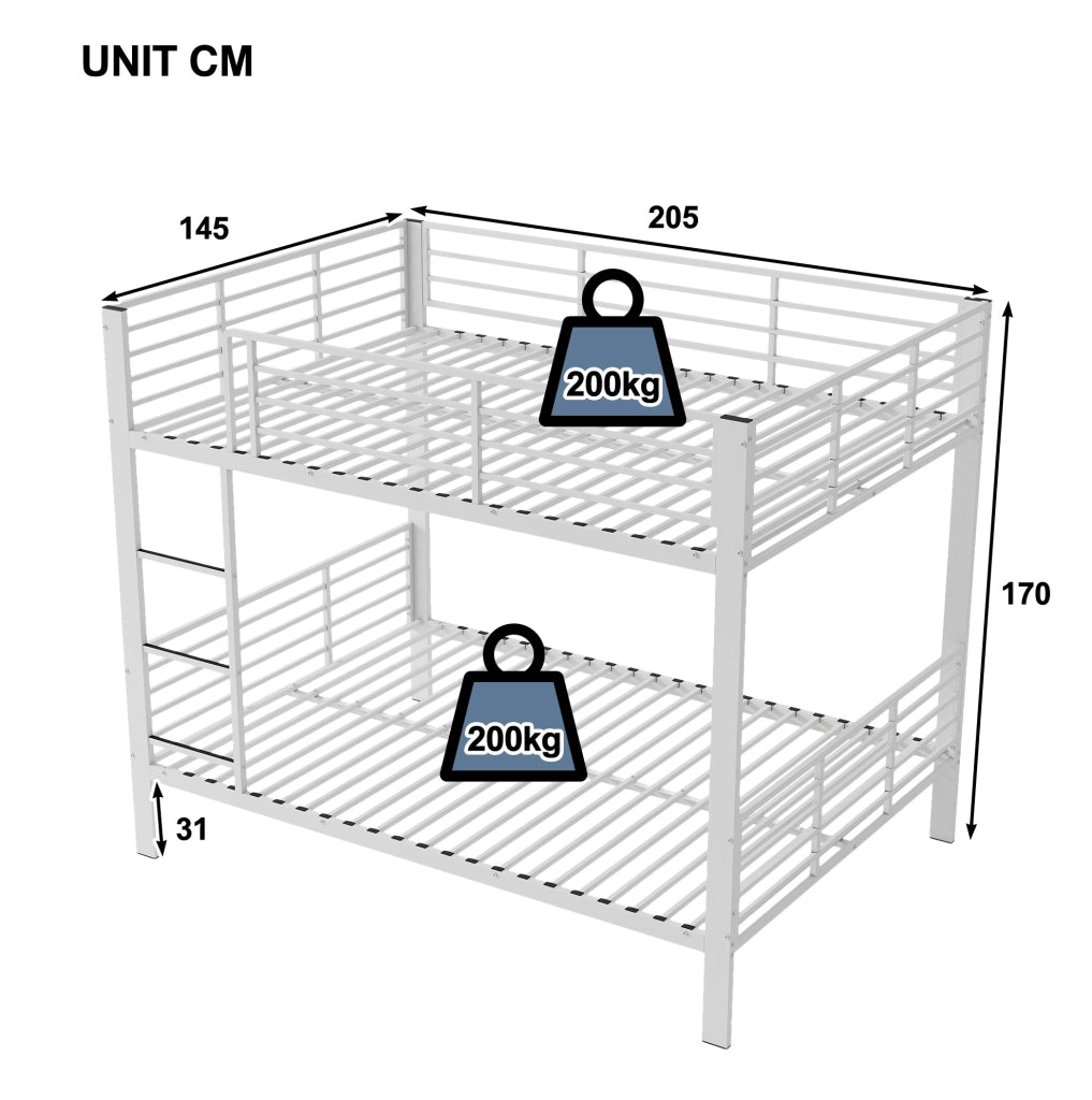 Letto a castello in metallo 140x200 cm; bianco opaco; con sponda di sicurezza