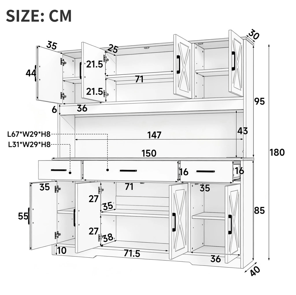 Credenza buffet 150x40x180 cm con LED; 2 prese; USB-A e USB-C; nero in truciolare