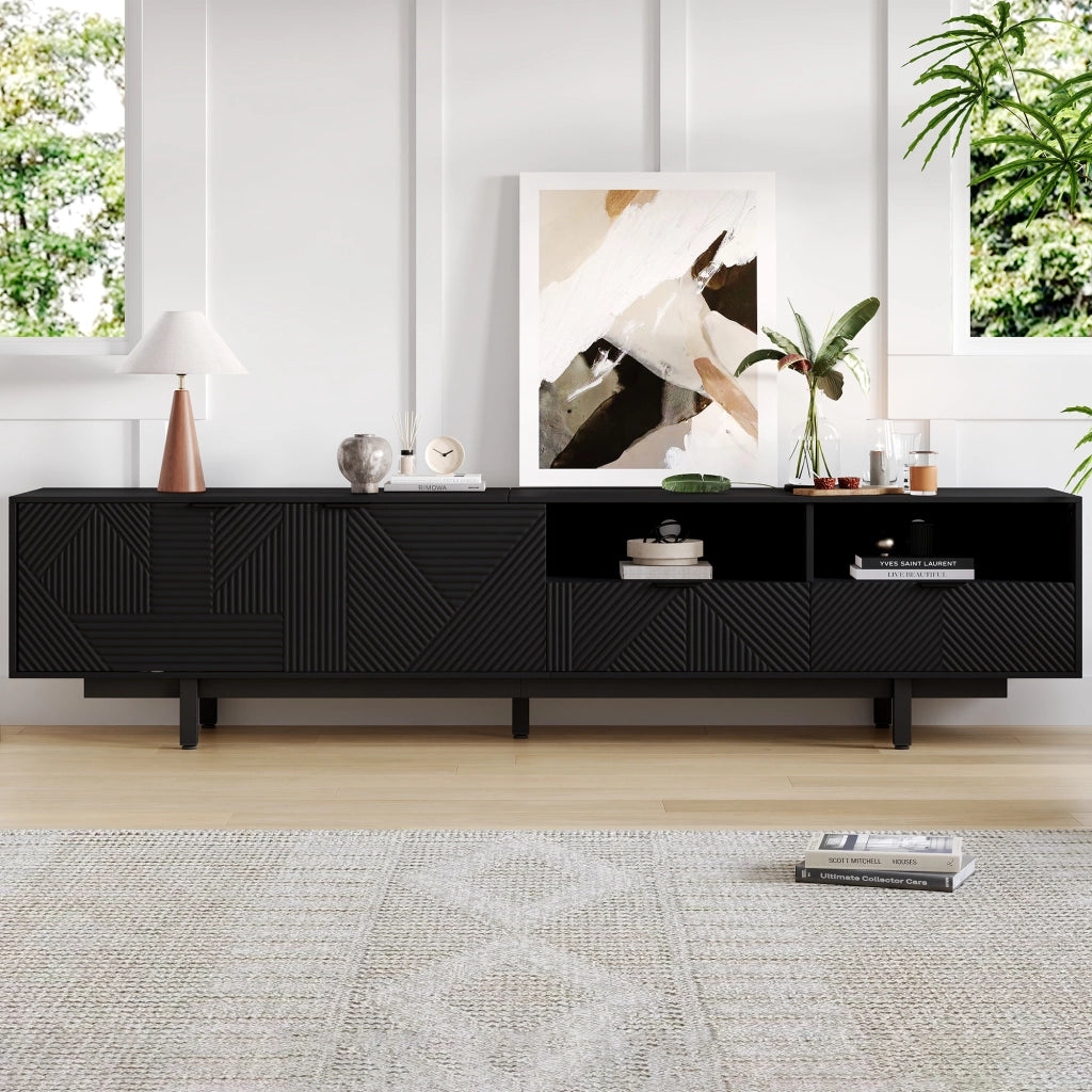 Mobile TV con 2 ante; vani aperti e passacavi - per soggiorno - 200×40×51 cm - nero