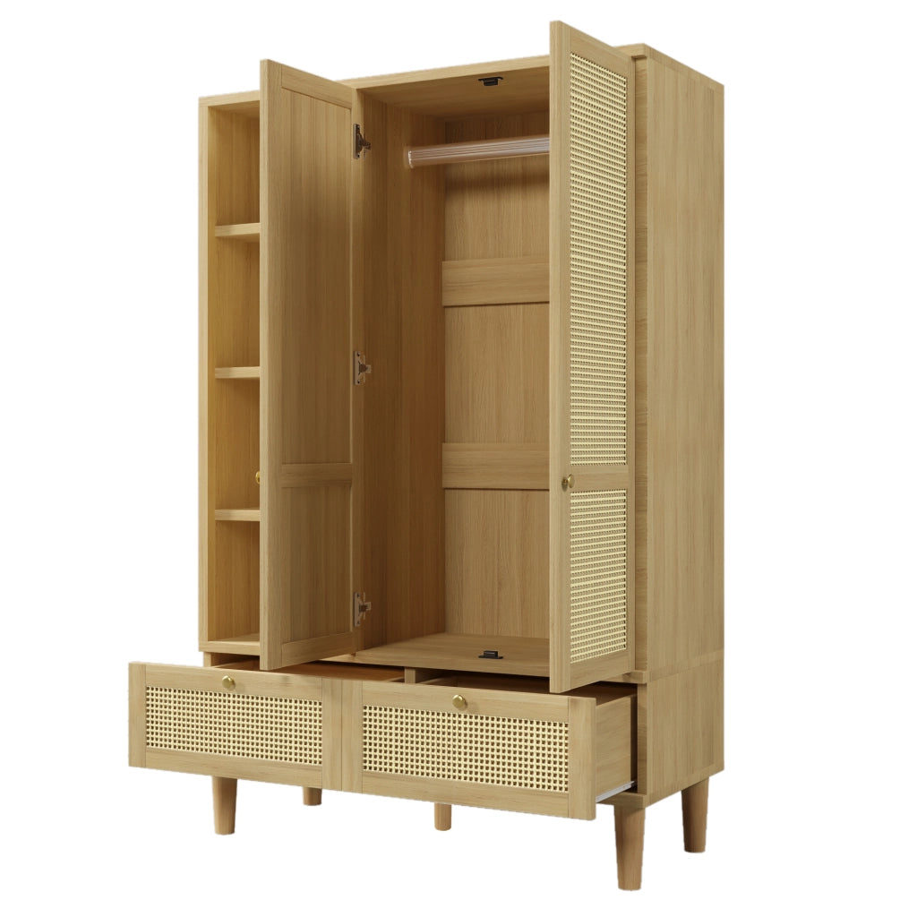 Armadio in legno massello, ante con decorazioni in vimini, 2 cassetti, ripiani aperti, color rovere