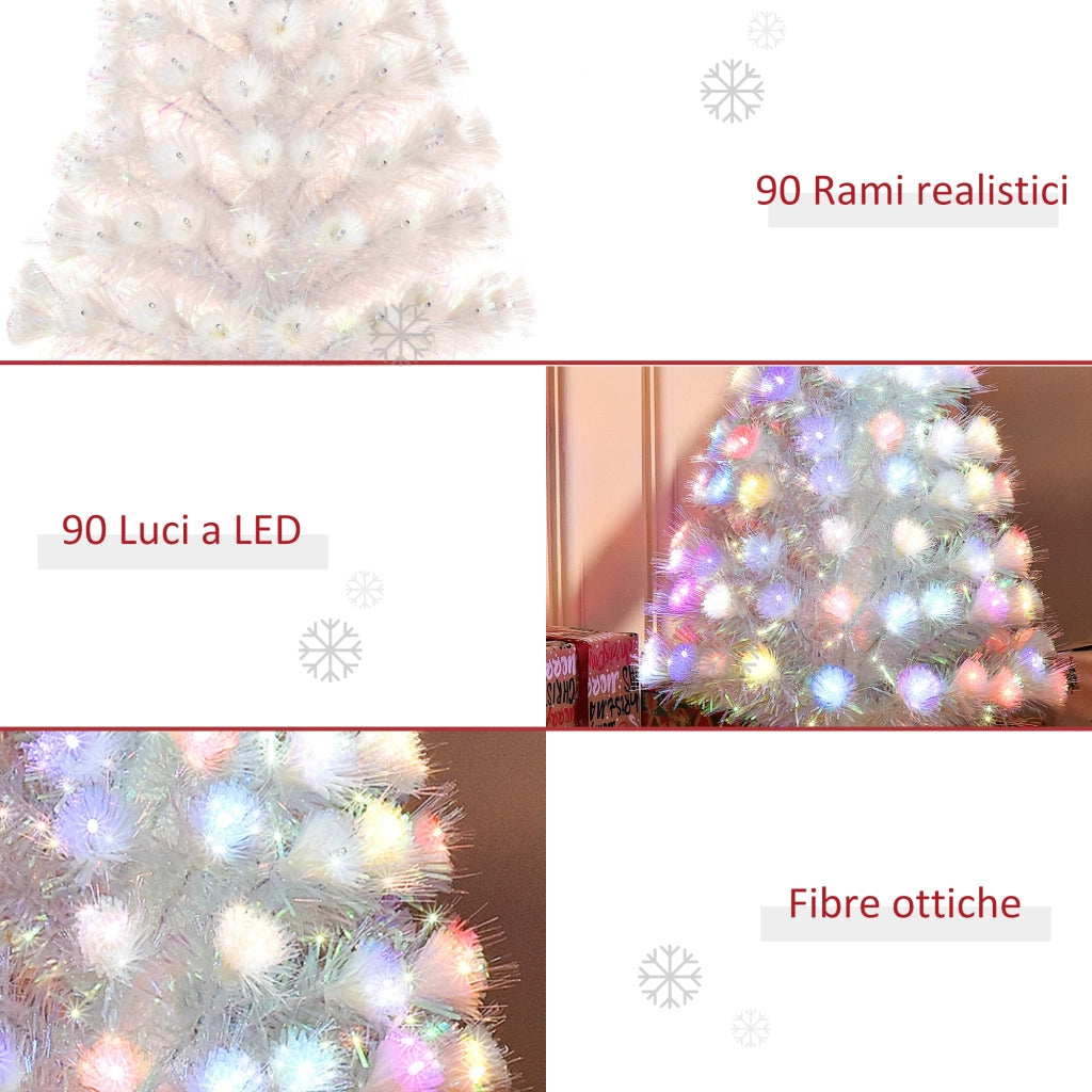 Easycomfort Albero di Natale Artificiale 90cm con 90 Luci LED Colorate e Fibre Ottiche, 90 Rami, Base in Metallo Pieghevole, Bianco