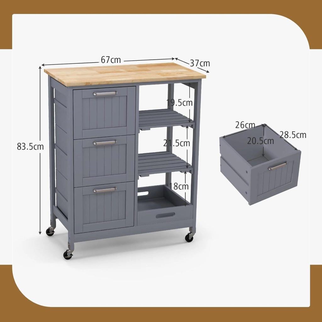 Carrello da cucina su ruote, armadio da cucina con piano di lavoro, isola mobile in legno, carrello da servizio, carrello da cucina con cassetto, carrello da cucina 67 x 37 x 83,5 cm (grigio)