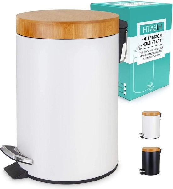 Emme di acciaio inox con coperchio in bambù 3 litri bianco e meccanismo softclose - bidone per wc con pedale e contenitore per acqua