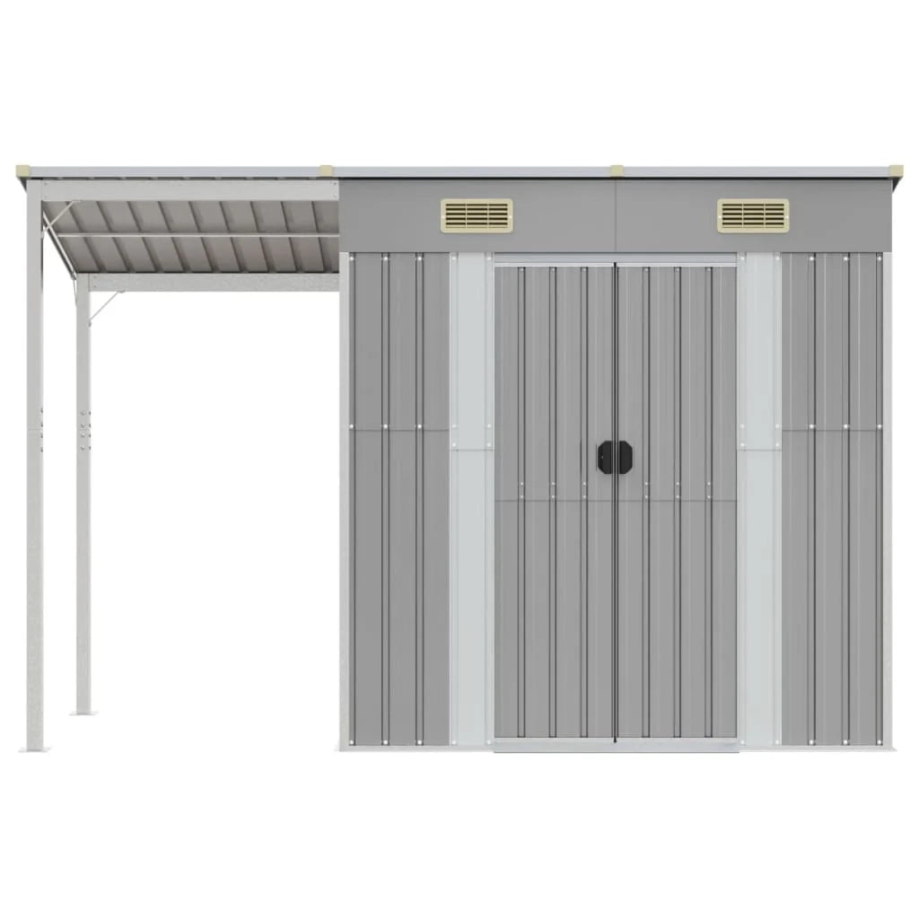 Casetta da giardino cabina ripostiglio casetta da esterno robusta casetta per attrezzi con tetto estensibile trasparente 277 x 110,5 x 181 cm grigio 02_0022218