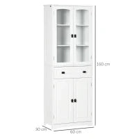 Credenza da Cucina Alta con 2 Armadietti e Cassetto, Ante a Vetri e Ripiani Regolabili, 60x30x160cm, Bianco