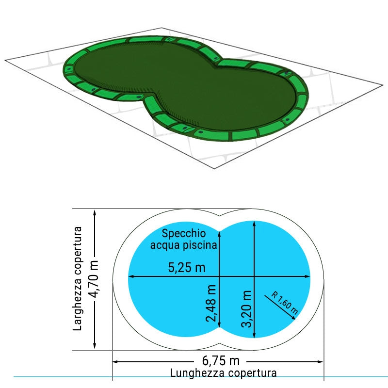 Copertura 6,75 X 4,70 M Invernale Standard 240 Gr/m² Con Bretelle E 23 Salamotti Per Piscina Isabella 5,25 X 3,20 M