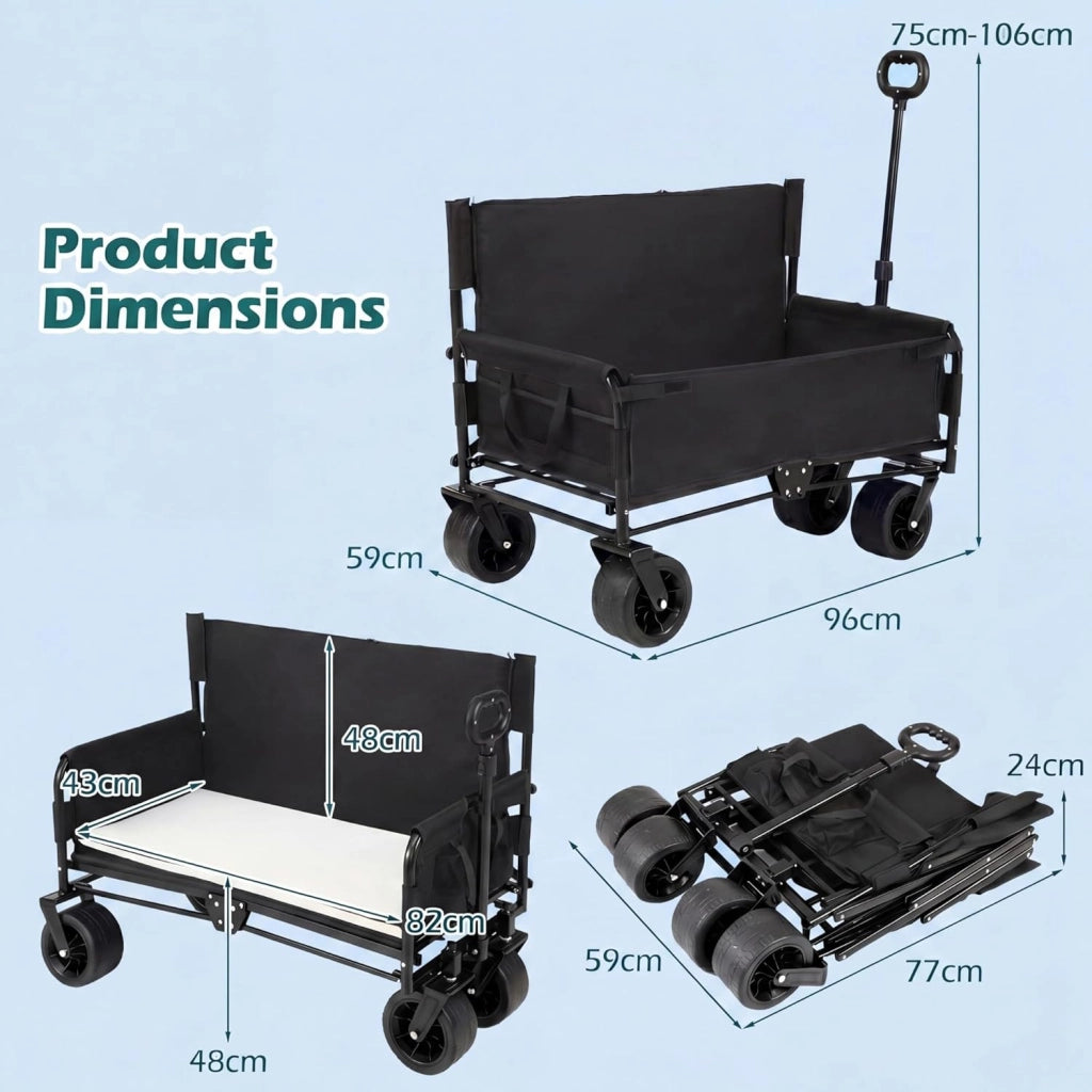 2 in 1 Carrello Spiaggia con Seduta, Carretto Pieghevole con Ruote Grandi e Cuscini Morbidi, Carrello da Campeggio, Giardino e Pesca, in Acciao Resistente, Chiusura Rapida, 80 KG, 85L (Nero)