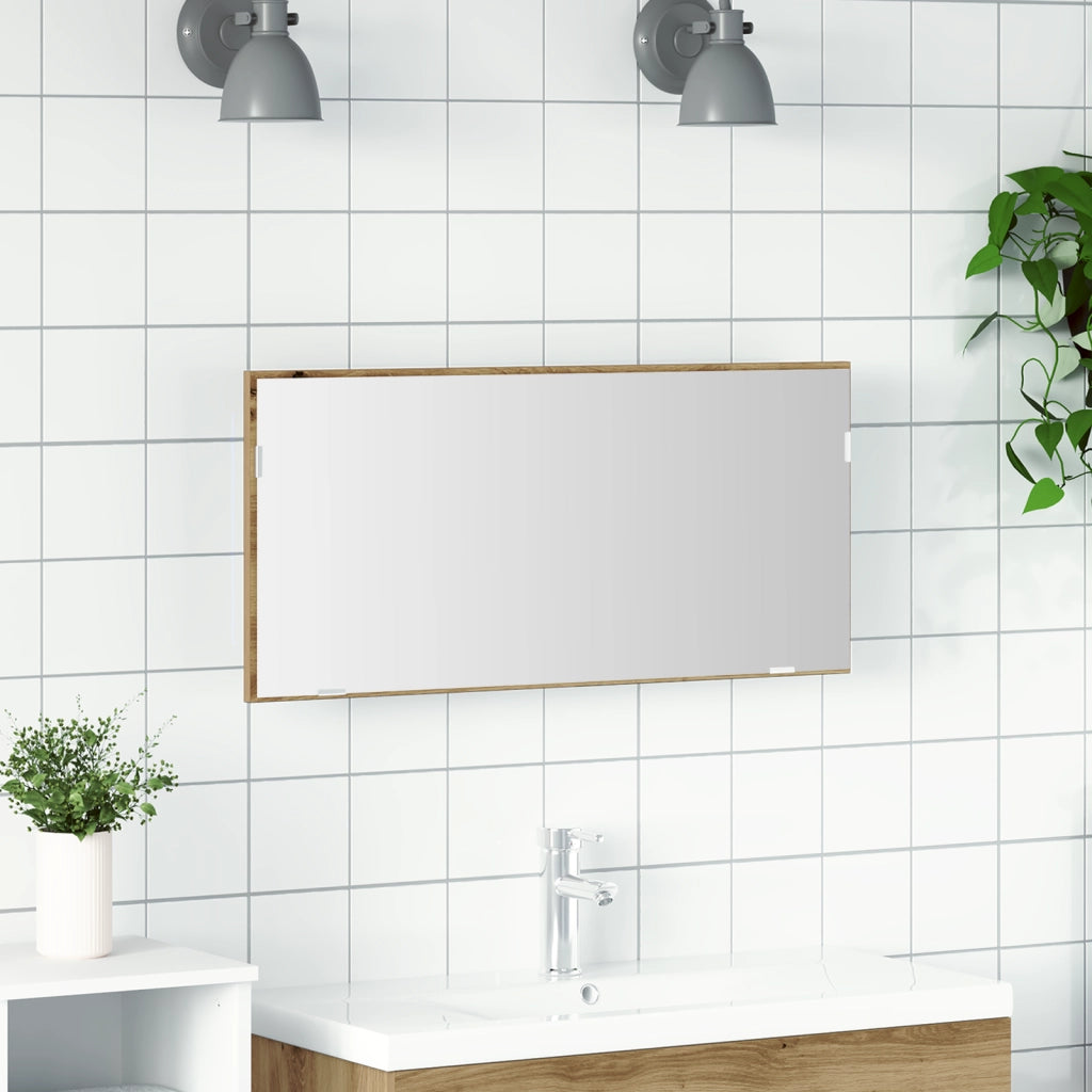 Mobile da bagno con specchio con luce LED in rovere artigianale 80x37 cm