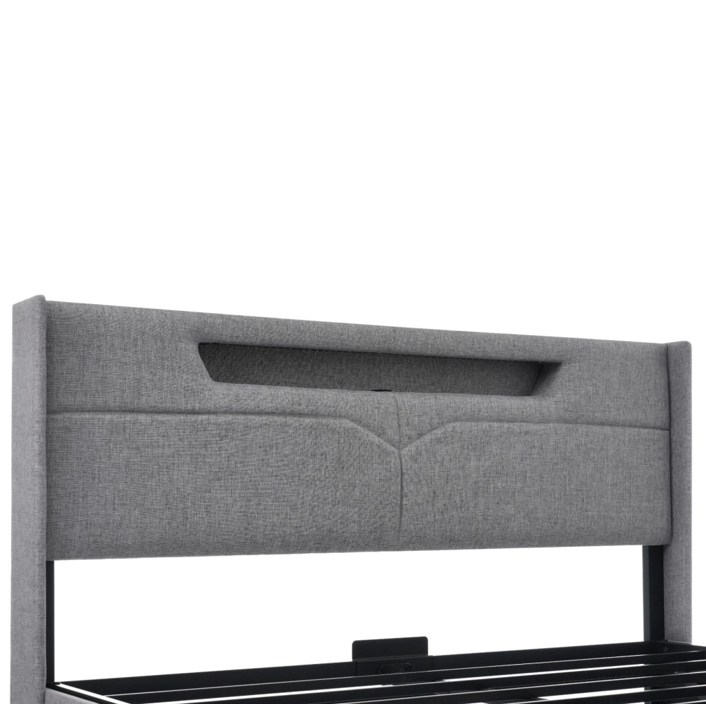 Letto contenitore 140x200 in lino grigio con LED; USB Type-C e struttura in ferro