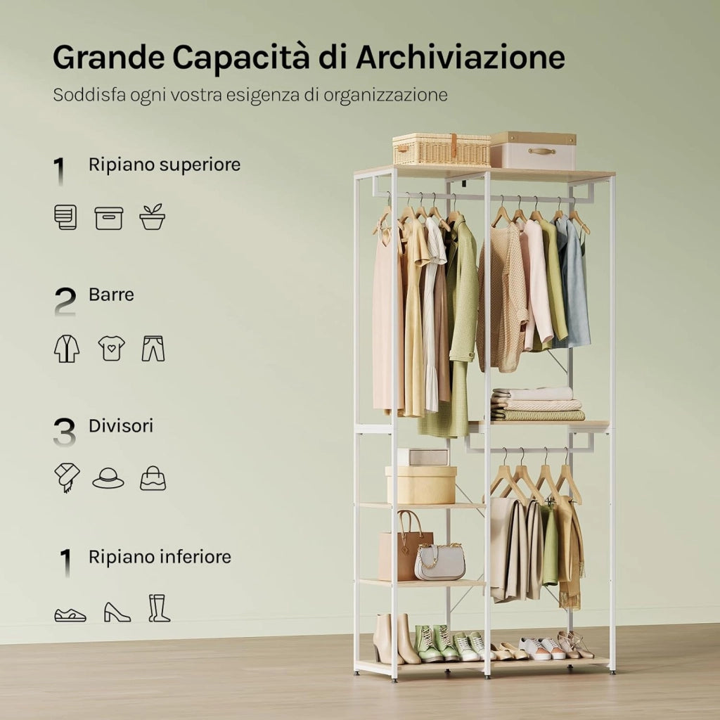 Porta Abiti in MDF e Acciaio, Appendiabiti con Scaffali, Attaccapanni Moderno, Guardaroba Armadio Bianco 90x40x204,5 cm