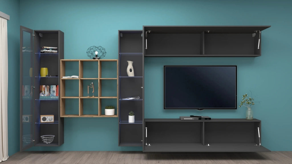 Parete attrezzata moderna mobile TV sospeso libreria antracite 2 vetrine Eron RT