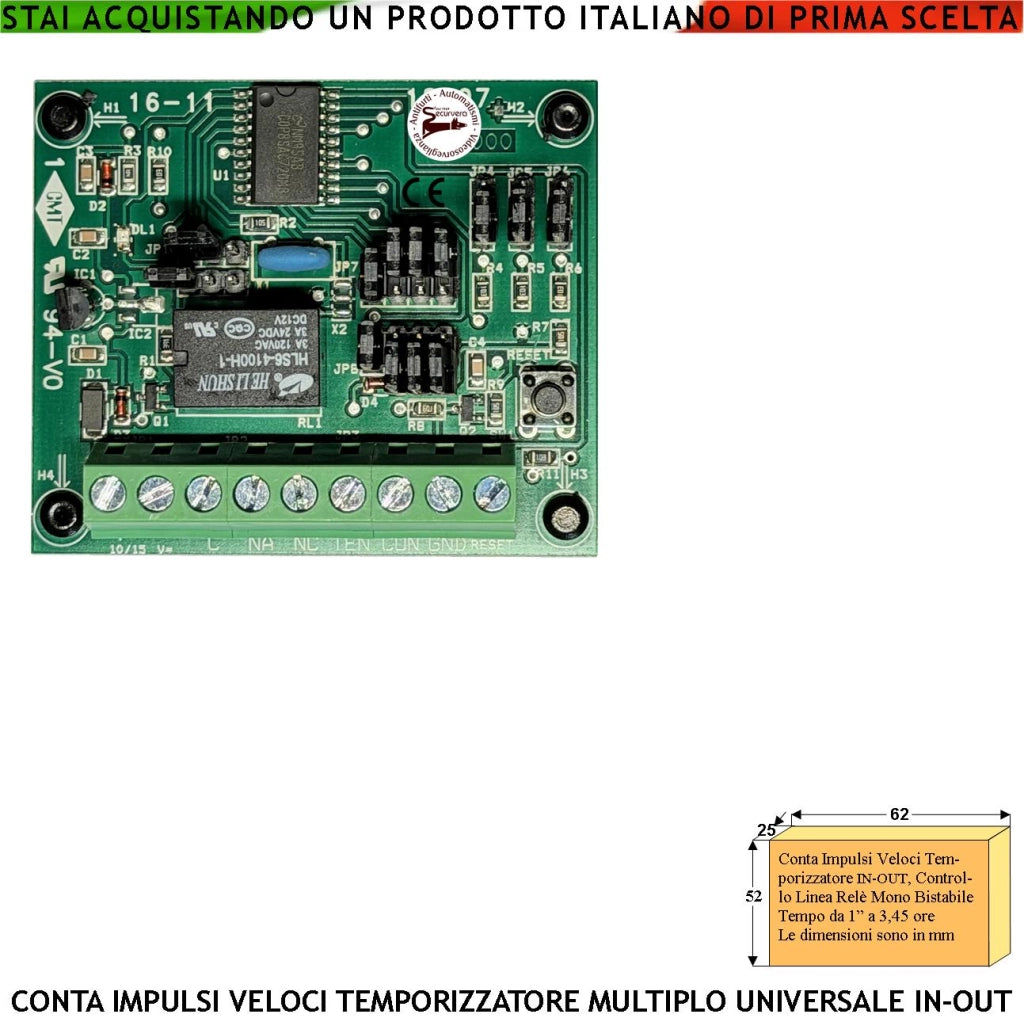 Temporizzatore Contaimpulsi Multifunzione Tempo Impostabile IN-OUT Uscita Relè 2 A Mono Bistabile Ritardo Prima o Dopo il Comando Multiuso Utile Antifurto Per Parcometro Aliment. 12 Vac Assorb. 50 mA