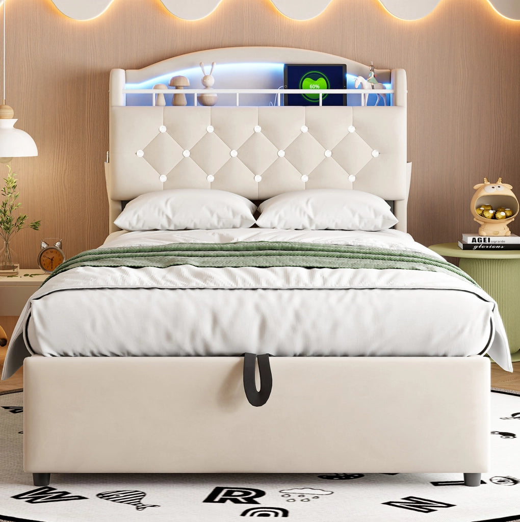 Letto imbottito per bambini 90x200 cm beige con contenitore, LED, USB e porta Type-C