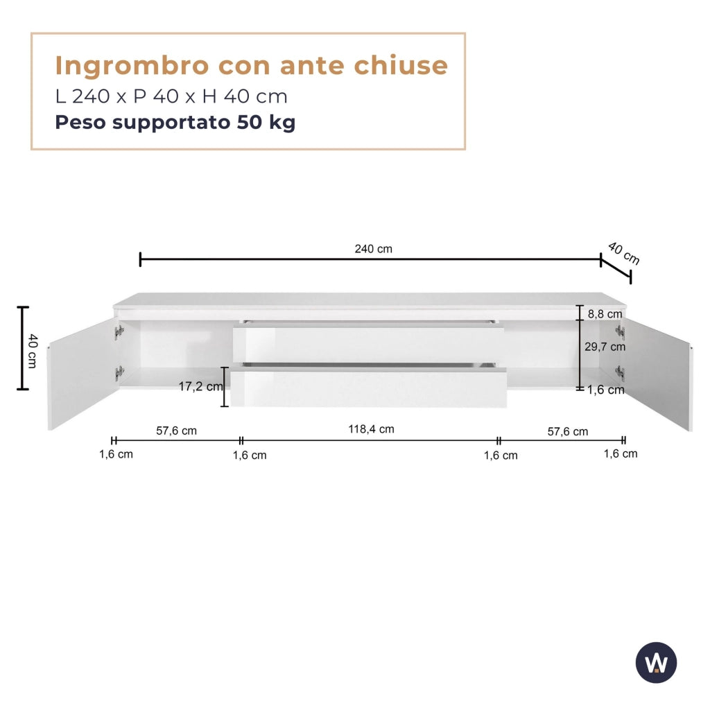 WHOUS Mobile porta tv Magic 2 ante e 2 cassetti centrali cashmere 240x40x40 cm