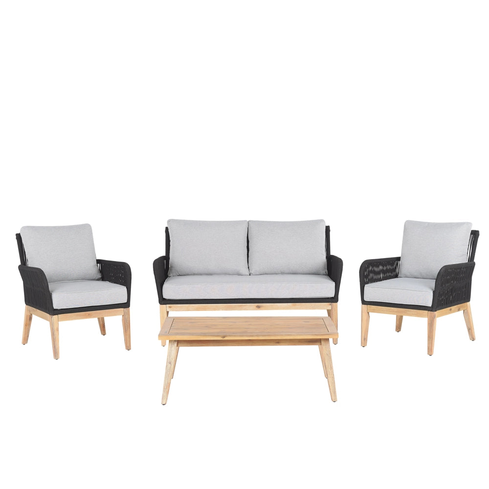 Set Conversazione Giardino Legno Acacia Grigio Cuscini Moderni da Esterno 4 Posti con Tavolino