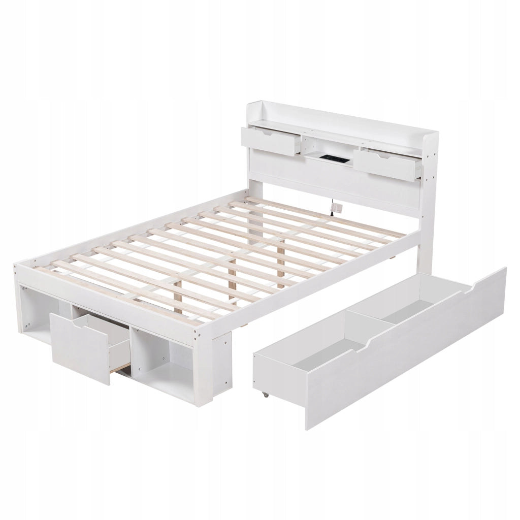 Letto singolo 140x190 - Xylo - USB, cassetti, ripostiglio, bianco