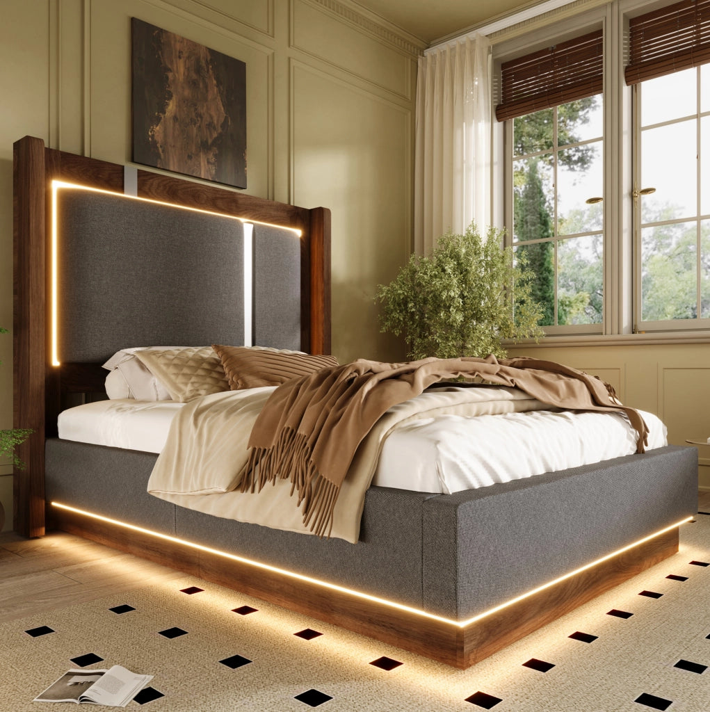 Letto imbottito 90x200 cm con LED; contenitore sollevabile e rete; grigio e noce