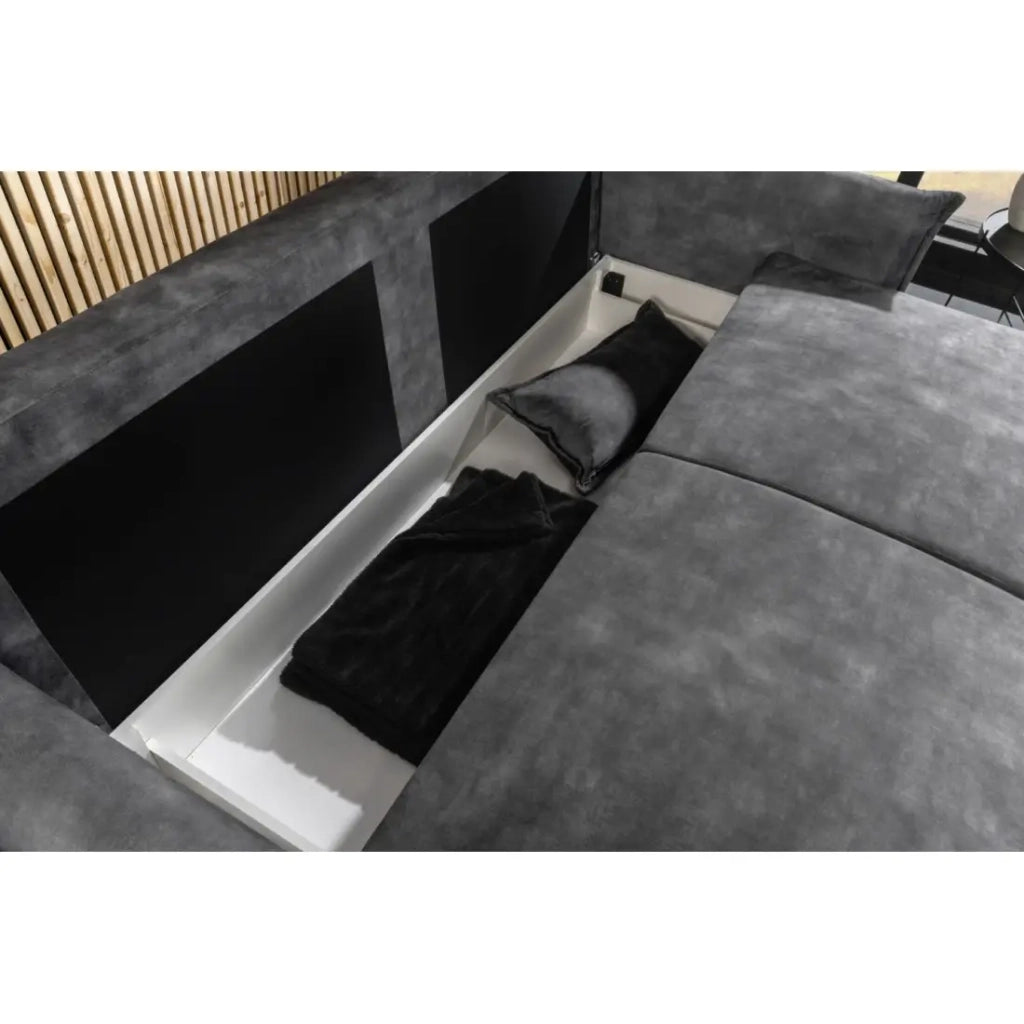 Divano CALDERO grigio scuro convertibile con contenitore – Divano letto in velluto morbido con spazio di stoccaggio integrato