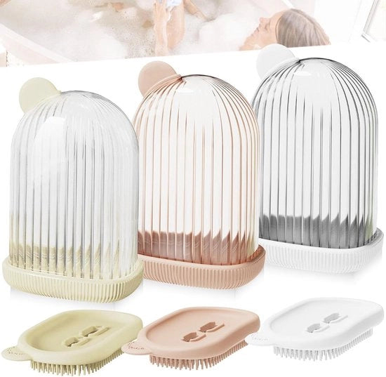 Set di sapone per la strada - Box di sapone in silicone con spazzola per doccia - Set da 3 pezzi - Bianco e rosa.