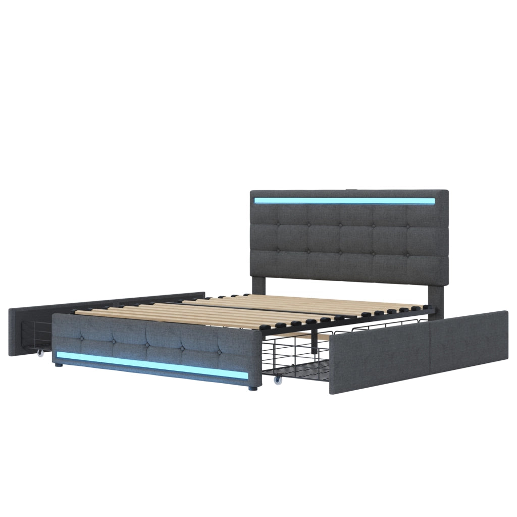 Letto imbottito 140x200 cm con LED e USB; con 4 cassetti; grigio