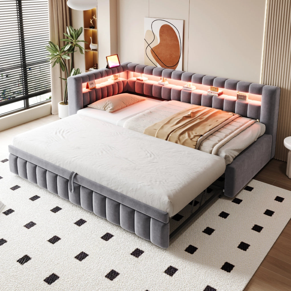 Divano letto imbottito con letto estraibile; LED; USB e Type-C; 90x200 cm; grigio