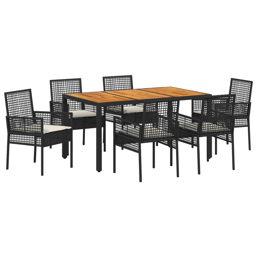 Set da pranzo da giardino 7 pezzi con cuscini neri in polyrattan