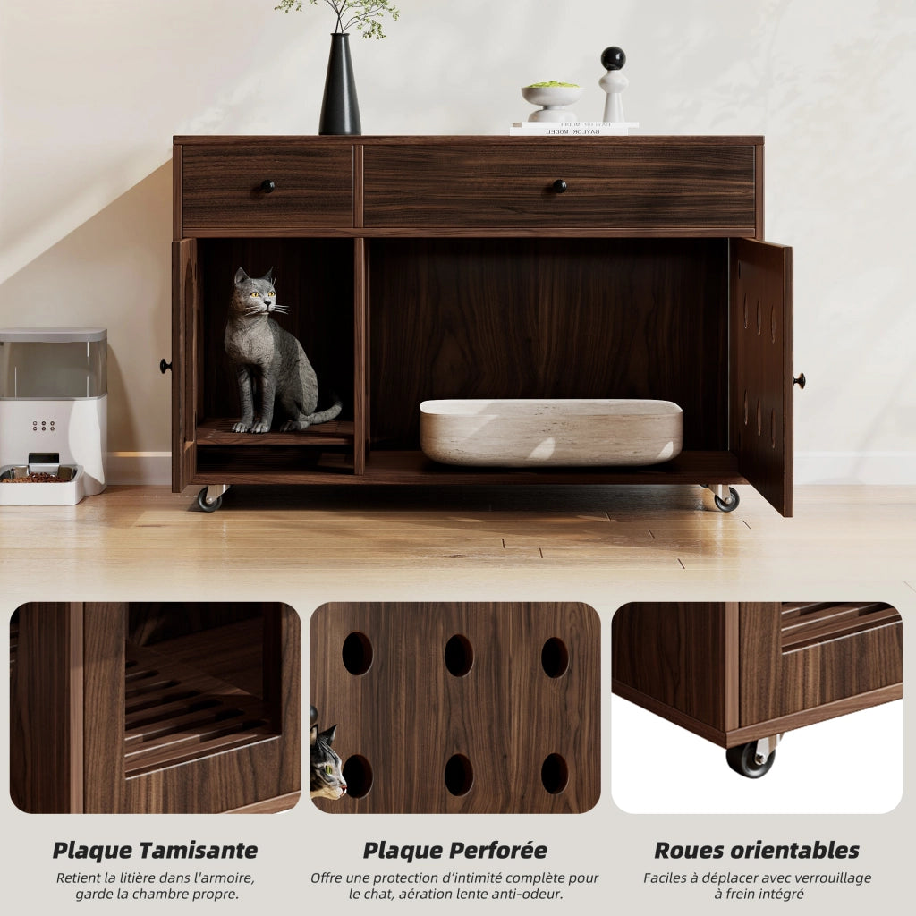 Mobile copri lettiera per gatti con 2 cassetti e vaschetta estraibile, per soggiorno, in MDF, noce, 100 × 45 × 66 cm