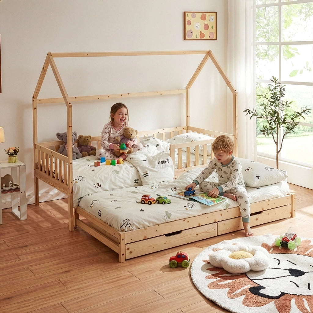Letto a Casetta per Cameretta Aarghonmaa in Legno di Pino con Letto Estraibile 1 Materasso 90x200 cm e 2 Cassetti - Naturale [en.casa]